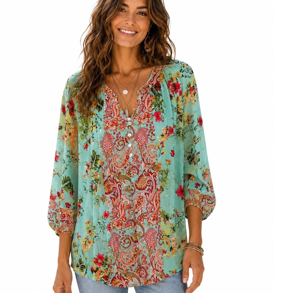 Fig and Flower Paisley Floral Popover Top Womens Large Pale Teal Multicolor